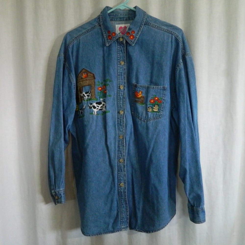 Womens Denim Button Down Shirt XL Farm Scenes